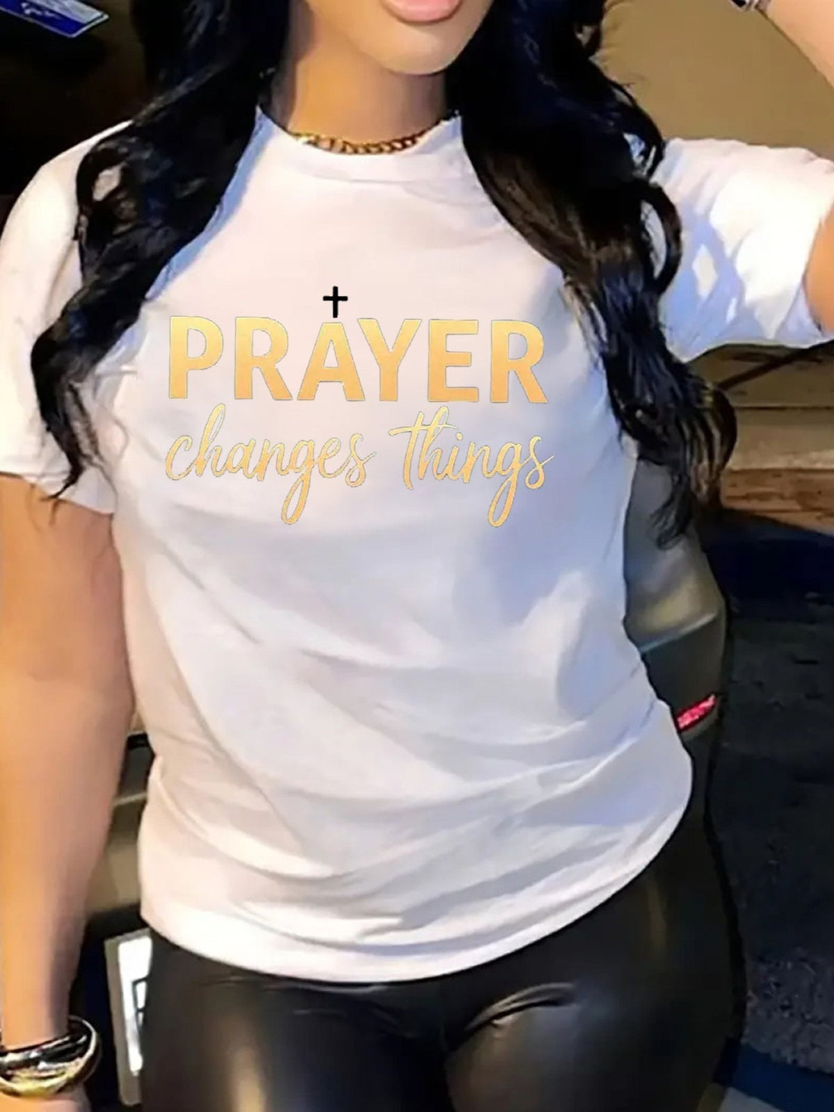Prayer Changes Things Women's Graphic T‑Shirt, Christian Faith Cross Short‑Sleeve Crew Neck Casual Religious Tee Tops