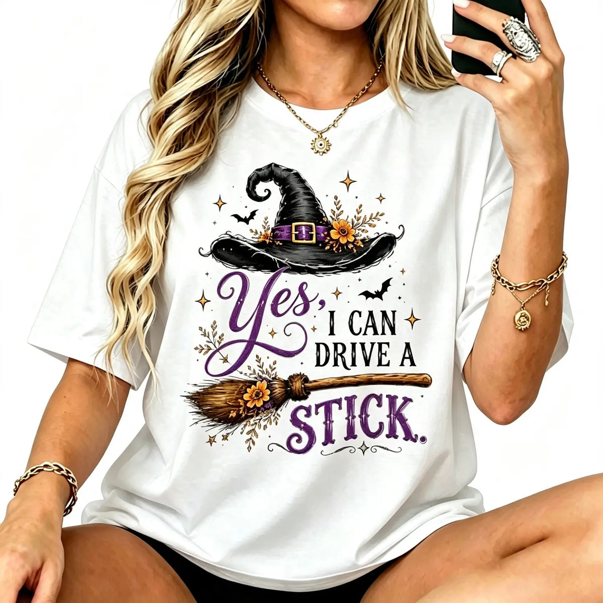 Women's Short-Sleeve Casual Halloween Graphic T-Shirt - "Yes I Can Drive A Stick" Witch Hat Broom Funny Apparel Top, Shortsleeve