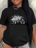 Dark Forest Halloween T‑Shirt for Women, Spooky Glowing‑Eye Bunnies Night Moon Creepy Autumn Holiday Casual Short Sleeve Top