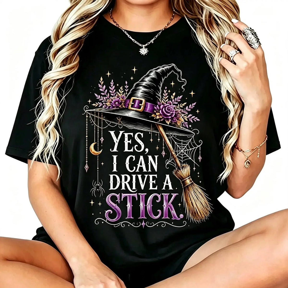 Women's Short-Sleeve Casual Halloween Graphic T-Shirt - "Yes I Can Drive A Stick" Witch Hat Broom Funny Apparel Top, Shortsleeve
