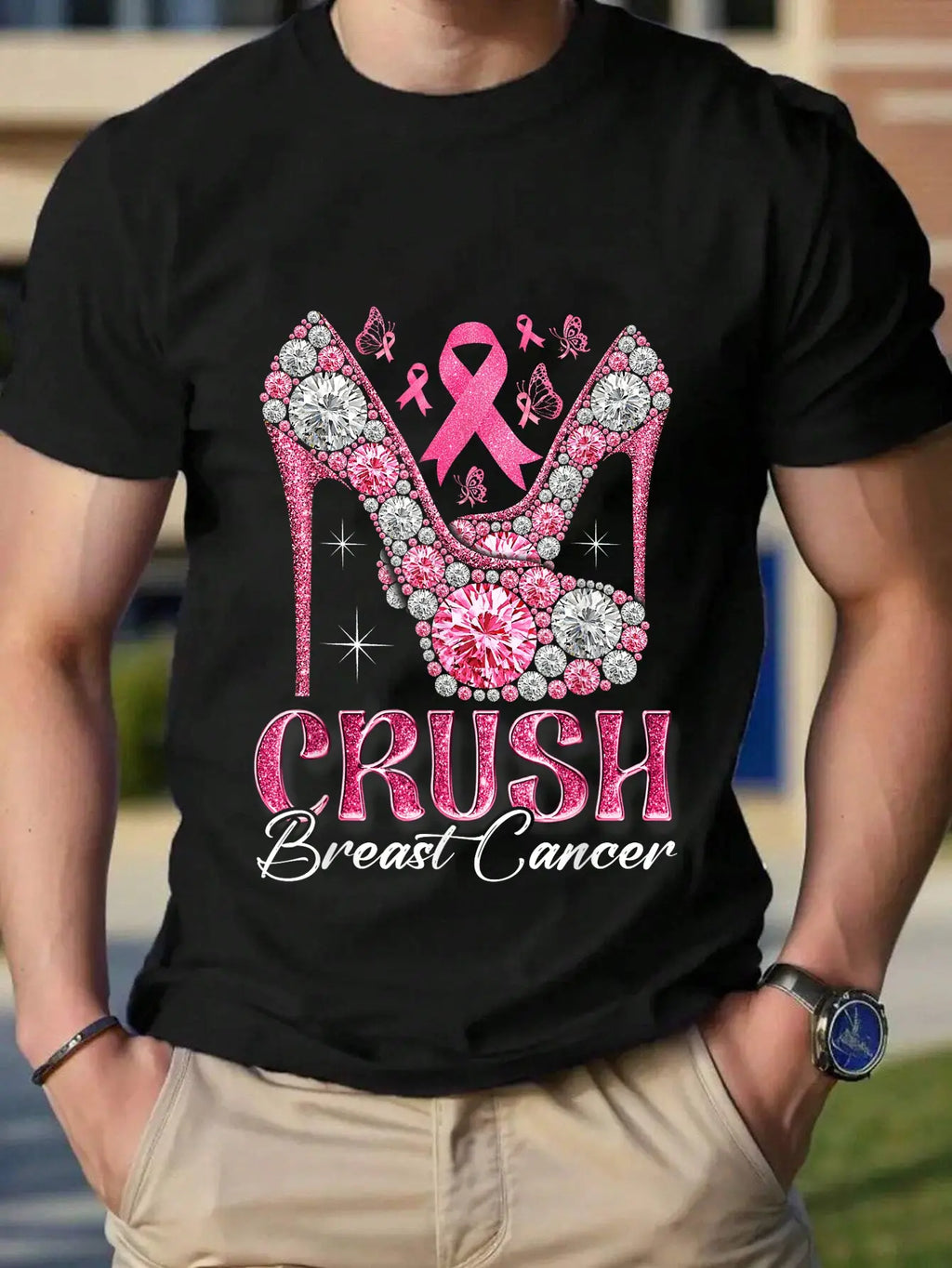 Unisex Crush Breast Cancer Awareness Cotton T‑Shirt, Crew Neck Short‑Sleeve Tee, Faux Bling High Heel Pink Ribbon Butterfly Graphic Casual Daily Top