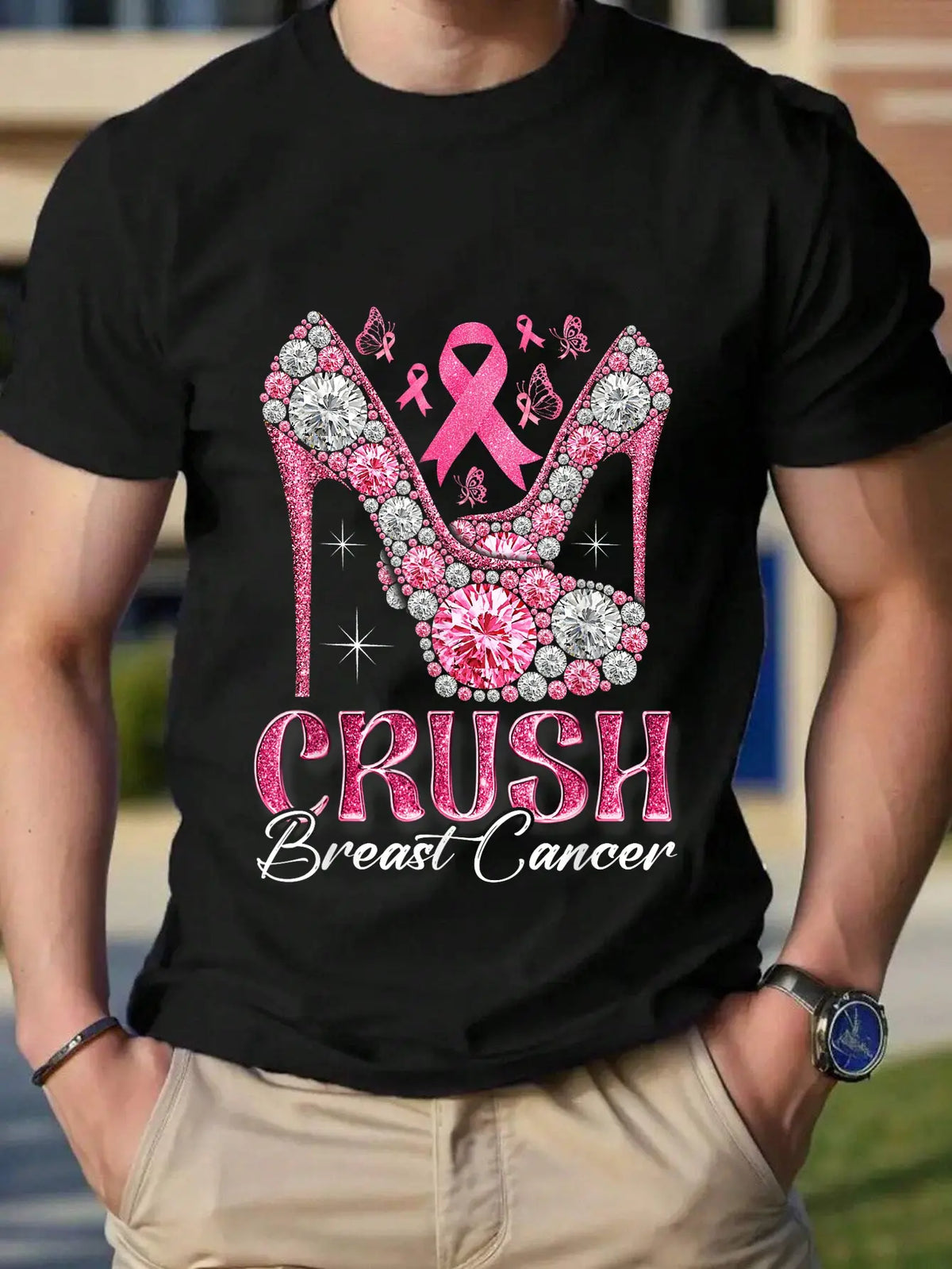 Unisex Crush Breast Cancer Awareness Cotton T‑Shirt, Crew Neck Short‑Sleeve Tee, Faux Bling High Heel Pink Ribbon Butterfly Graphic Casual Daily Top