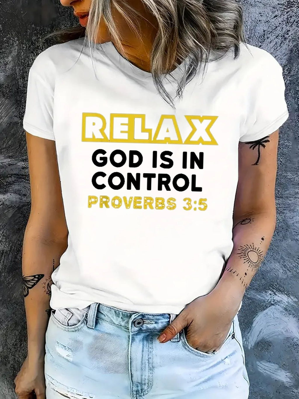 Relax God Is In Control Proverbs 3:5 Women's Graphic T‑Shirt, Christian Faith Inspirational Short‑Sleeve Crew Neck Casual Tee Tops