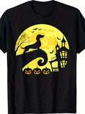 Halloween Dachshund Dog Graphic T‑Shirt, Moon Haunted House Pumpkin Bats Short‑Sleeve Crew Neck Unisex Casual Tee Tops