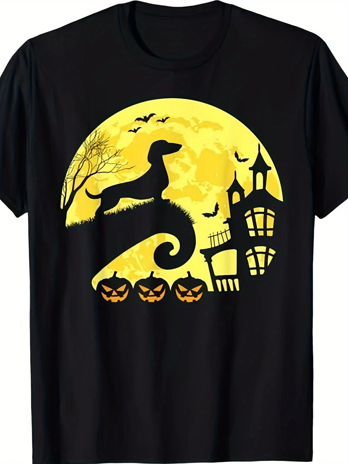Halloween Dachshund Dog Graphic T‑Shirt, Moon Haunted House Pumpkin Bats Short‑Sleeve Crew Neck Unisex Casual Tee Tops