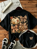 Women's Coquette Bow Floral Pumpkin Double‑Sided Graphic T‑Shirt Vintage Fall Casual Tee