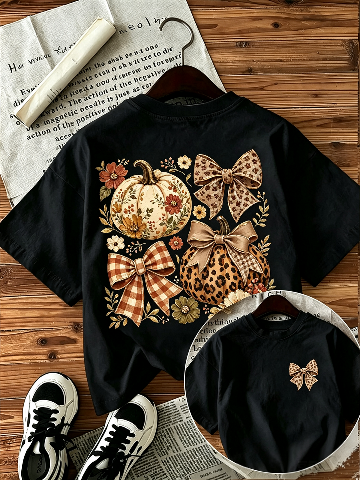 Women's Coquette Bow Floral Pumpkin Double‑Sided Graphic T‑Shirt Vintage Fall Casual Tee