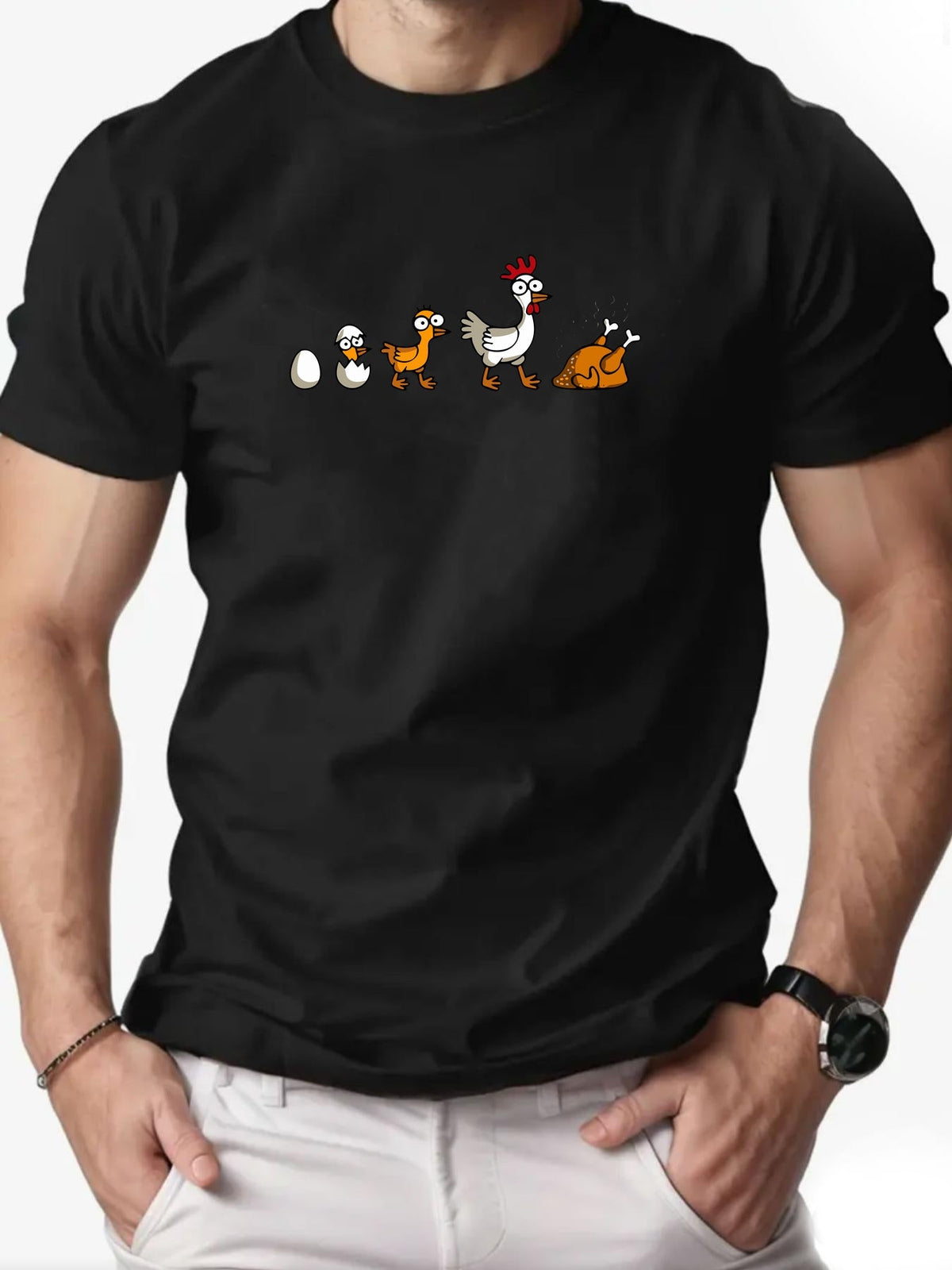 Men Funny Chicken Life Cycle Graphic T‑Shirt, Casual Crew Neck Short‑Sleeve Summer Tee, Novelty Cartoon Evolution Print Top for Men