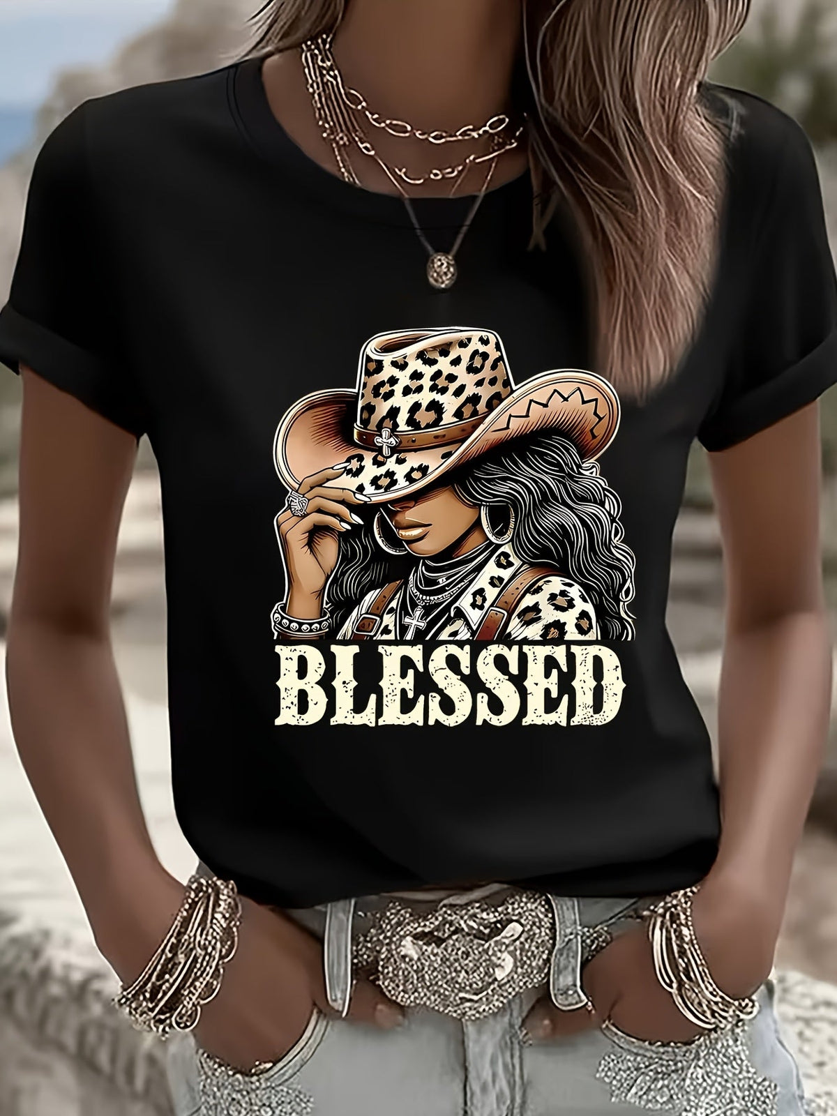 Women Western Leopard Cowgirl Blessed Graphic T?Shirt, Crew Neck Short Sleeve Casual Country Style Tee for Spring Summer Daily Wear