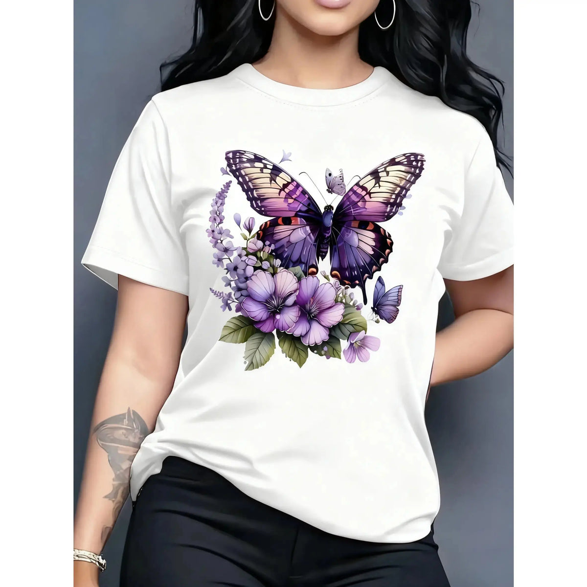 100% Cotton Women's Turquoise Blue Butterfly and Lilac Flower Print Short Sleeve Round Neck Casual Top