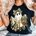 Women Retro Camo Patchwork Ghost Halloween Graphic T?Shirt, Cute Bow Ghost with Pumpkin Print, Vintage Spooky Fall Casual Short Sleeve Holiday Tee Top