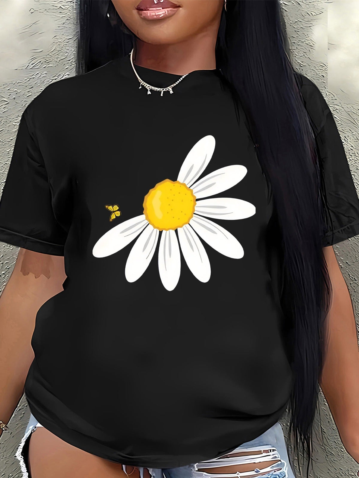 Short Sleeve TShirt with Daisy Print, Casual Wear in Home, Outdoor Settings for Everyday Use