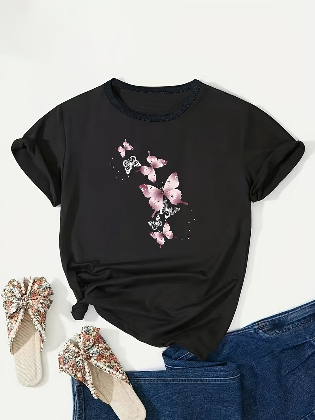 Fashionable Pink Butterfly Print Plus Size Women's T-Shirt Casual Graphic T Shirt For Women Crew Neck