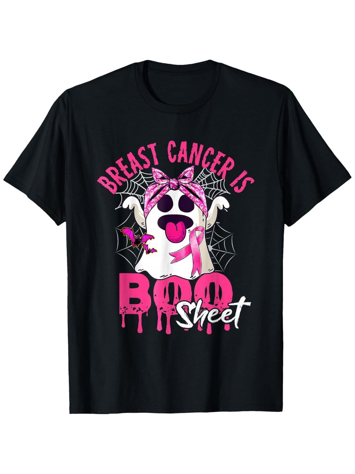Breast Cancer Is Boo Sheet Halloween Awareness Pink Ghost Graphic Tee for Men Women, Cute Spooky Pink Ribbon Short Sleeve T-Shirt, Casual Crew Neck Top for Survivor Gift