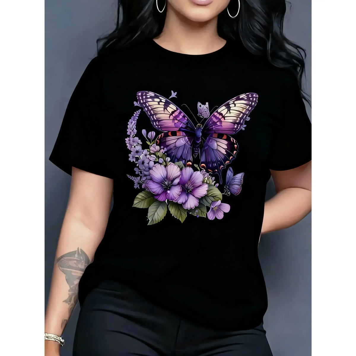 100% Cotton Women's Turquoise Blue Butterfly and Lilac Flower Print Short Sleeve Round Neck Casual Top