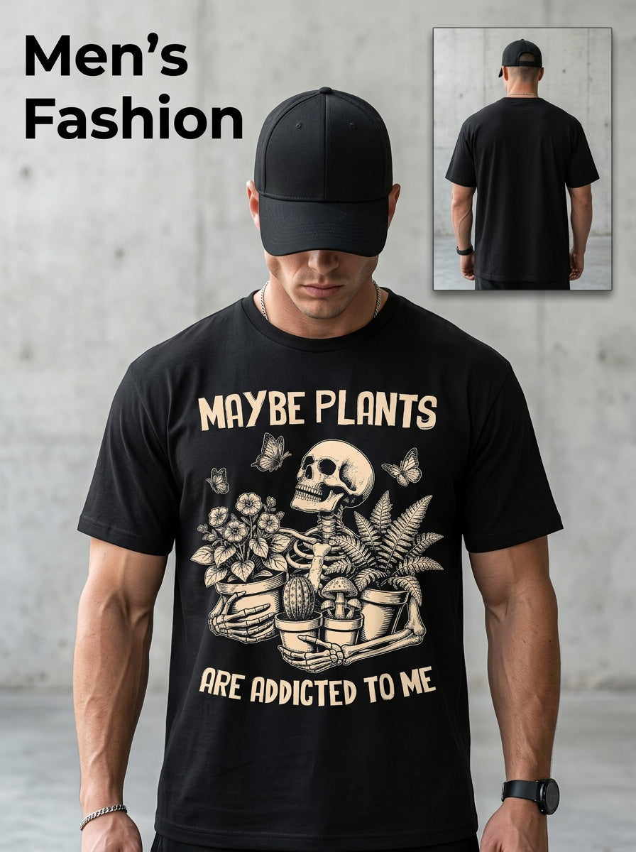 Retro Maybe Plants Are Addicted To Me Funny Skeleton Gardener Graphic Tee for Men Women, Cute Plant Humor Short Sleeve T-Shirt, Casual Crew Neck Top for Plant Lover Gift