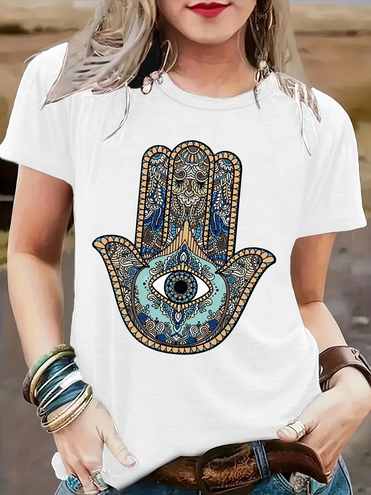 Women Hamsa Hand Evil Eye Mandala Graphic T?Shirt, Bohemian Ethnic Pattern Crew Neck Short?Sleeve Casual Boho Tee Top for Spring Autumn