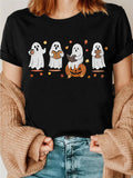 Retro Pumpkin Print T-Shirt - Cute Chinese "A Piao" Character Design, Short Sleeve Round Neck Casual Top for Halloween Costumes & Themed Parties