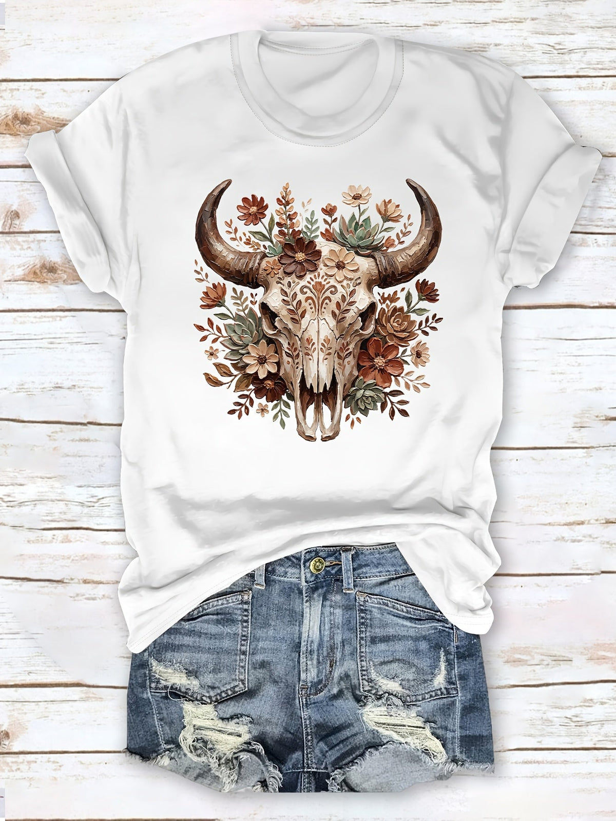Vintage Western Skull T-Shirt Women Nature Lovers Retro Tribal Art Cotton Tee