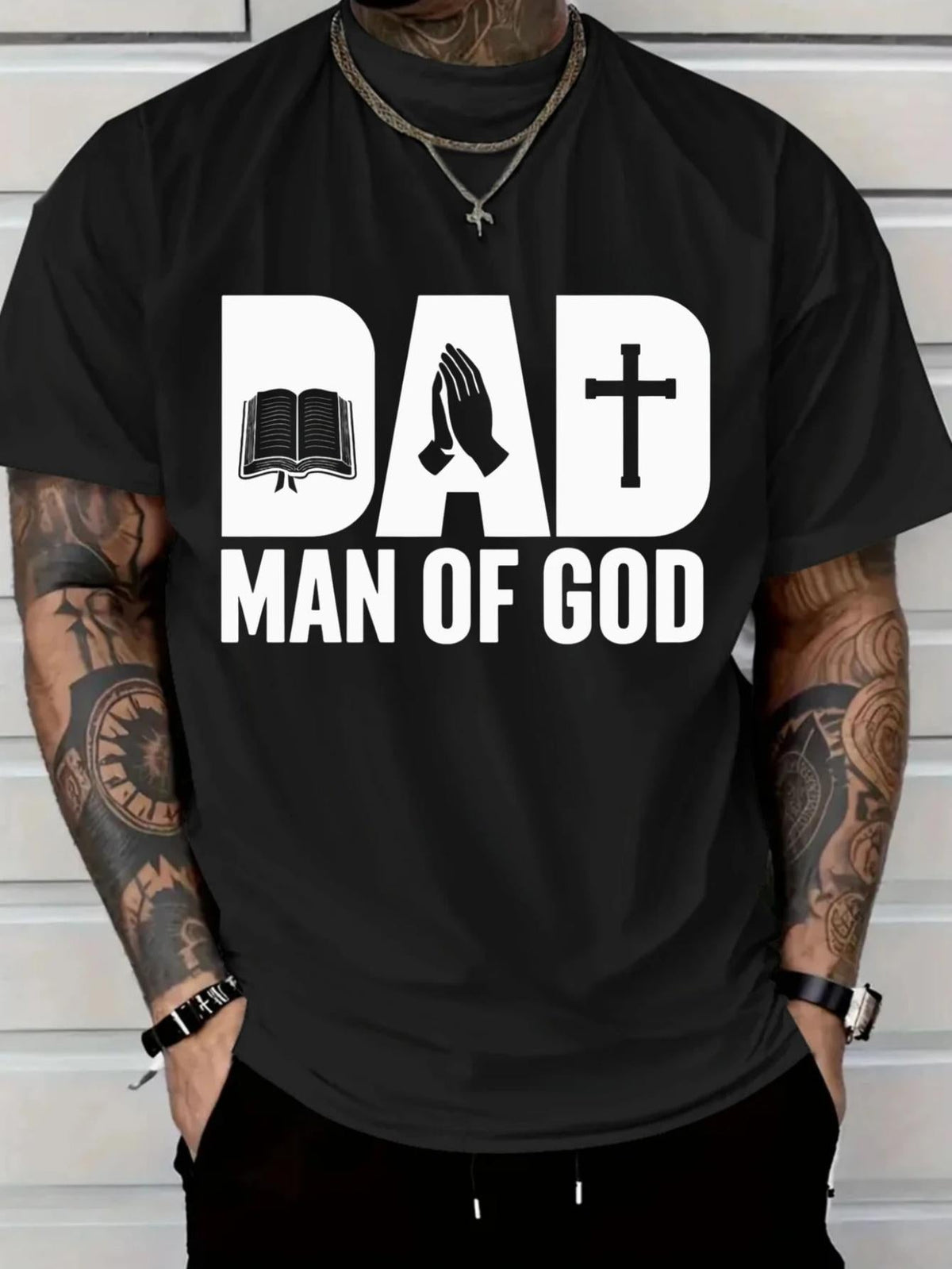 The Father of God Boldly Prints The Bible and The Cross Design Pattern Print, Crew Neck Short-sleeved T-shirt, The Same for Men and Women
