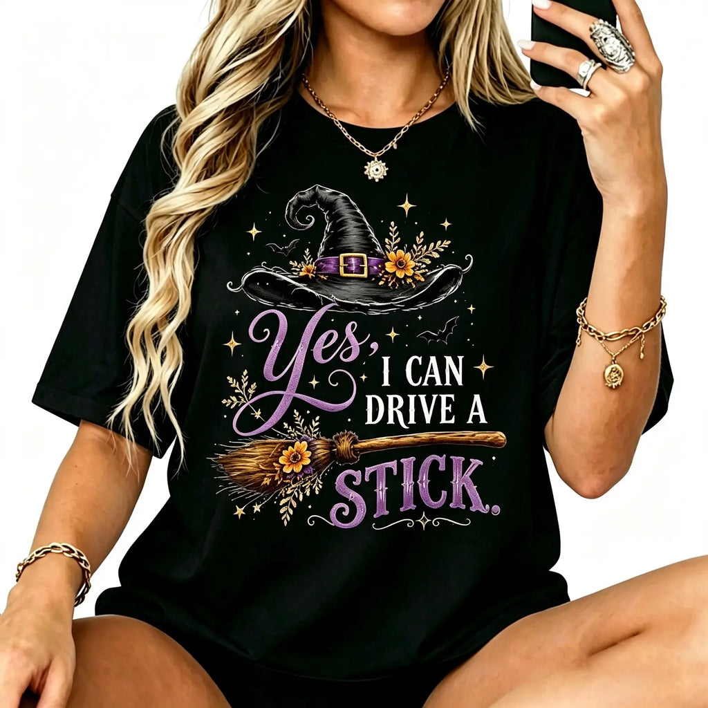 Women's Short-Sleeve Casual Halloween Graphic T-Shirt - "Yes I Can Drive A Stick" Witch Hat Broom Funny Apparel Top, Shortsleeve