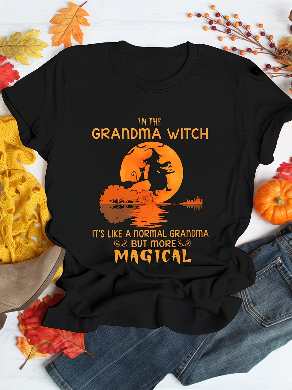 Women’s Halloween Grandma Witch Graphic T-Shirt Funny Magical Grandma Shirt Cute Witch Moon Print Casual Short Sleeve Tee Gift for Grandma