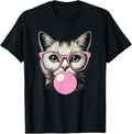 Cute Cat Blowing Bubble Gum T?Shirt, Men Funny Kitten With Pink Glasses Graphic Tee, Cat Lover Unisex Casual Short Sleeve T?shirt