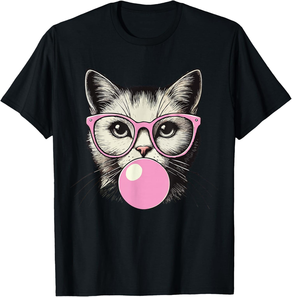 Cute Cat Blowing Bubble Gum T?Shirt, Men Funny Kitten With Pink Glasses Graphic Tee, Cat Lover Unisex Casual Short Sleeve T?shirt