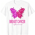 Breast Cancer Awareness Graphic T‑Shirt, Unisex Crew Neck Short Sleeve Tee, Floral Butterfly Pink Ribbon Print Casual All‑Season Top  in October We Wear Pink T shirt