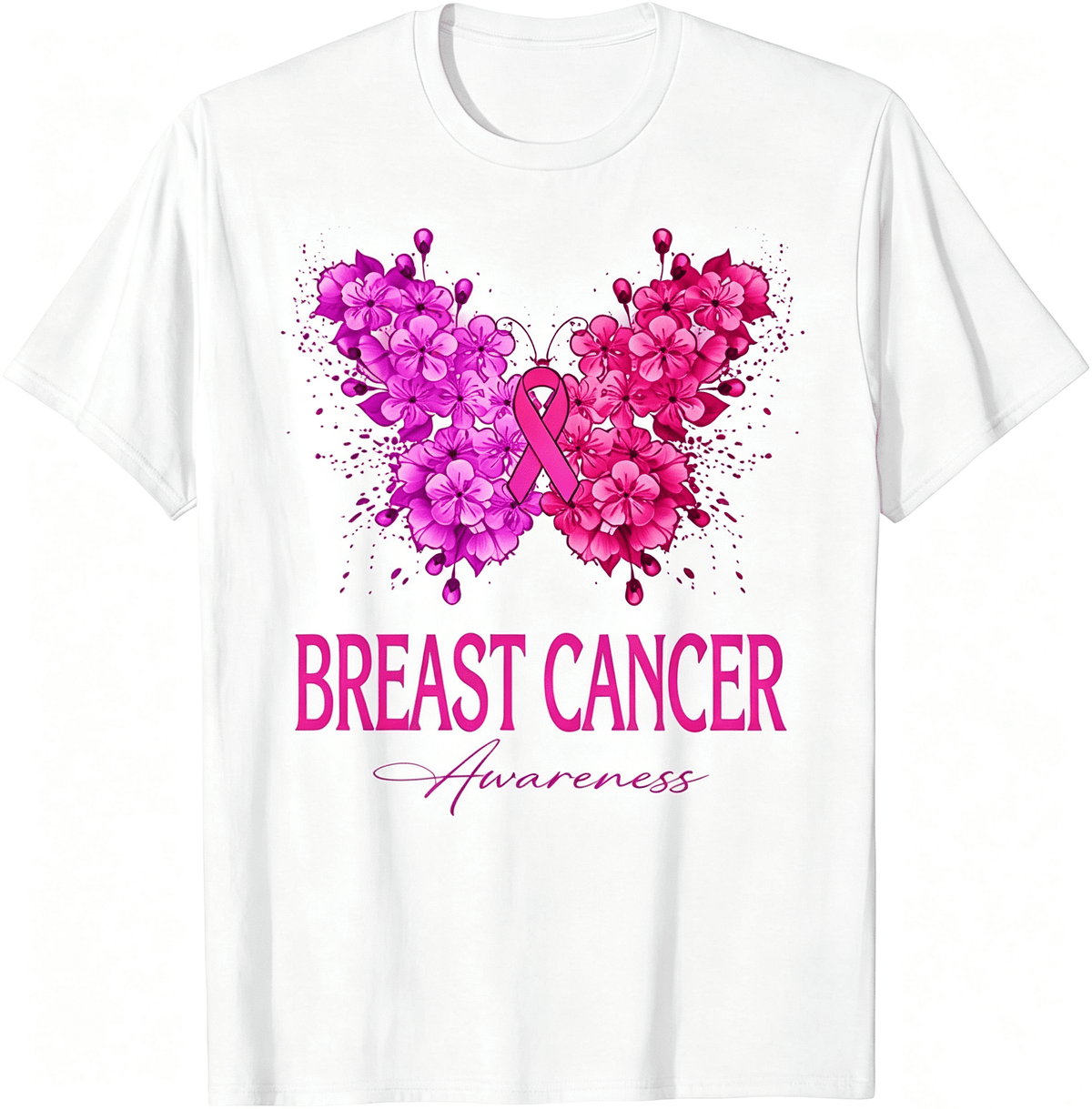 Breast Cancer Awareness Graphic T‑Shirt, Unisex Crew Neck Short Sleeve Tee, Floral Butterfly Pink Ribbon Print Casual All‑Season Top  in October We Wear Pink T shirt