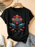 Colorful Abstract Flower Graphic Tee Women Spring Summer Vacation Top