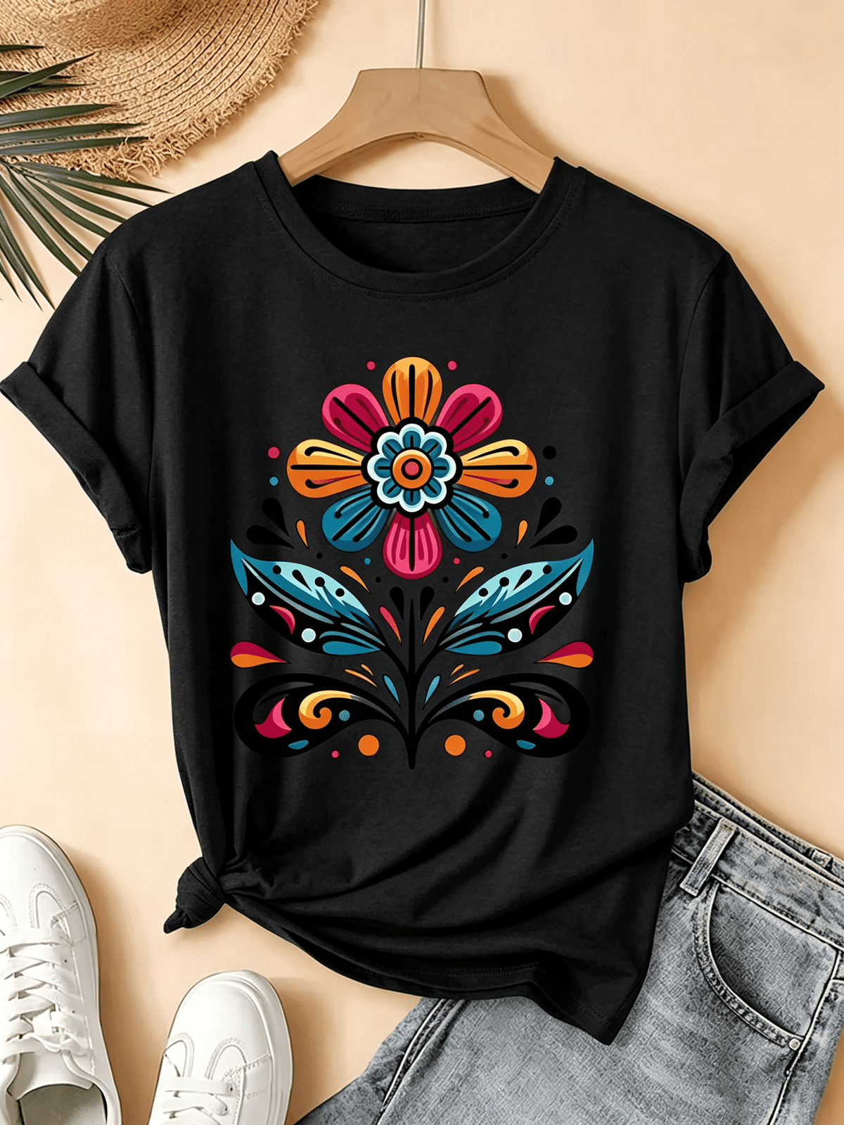 Colorful Abstract Flower Graphic Tee Women Spring Summer Vacation Top