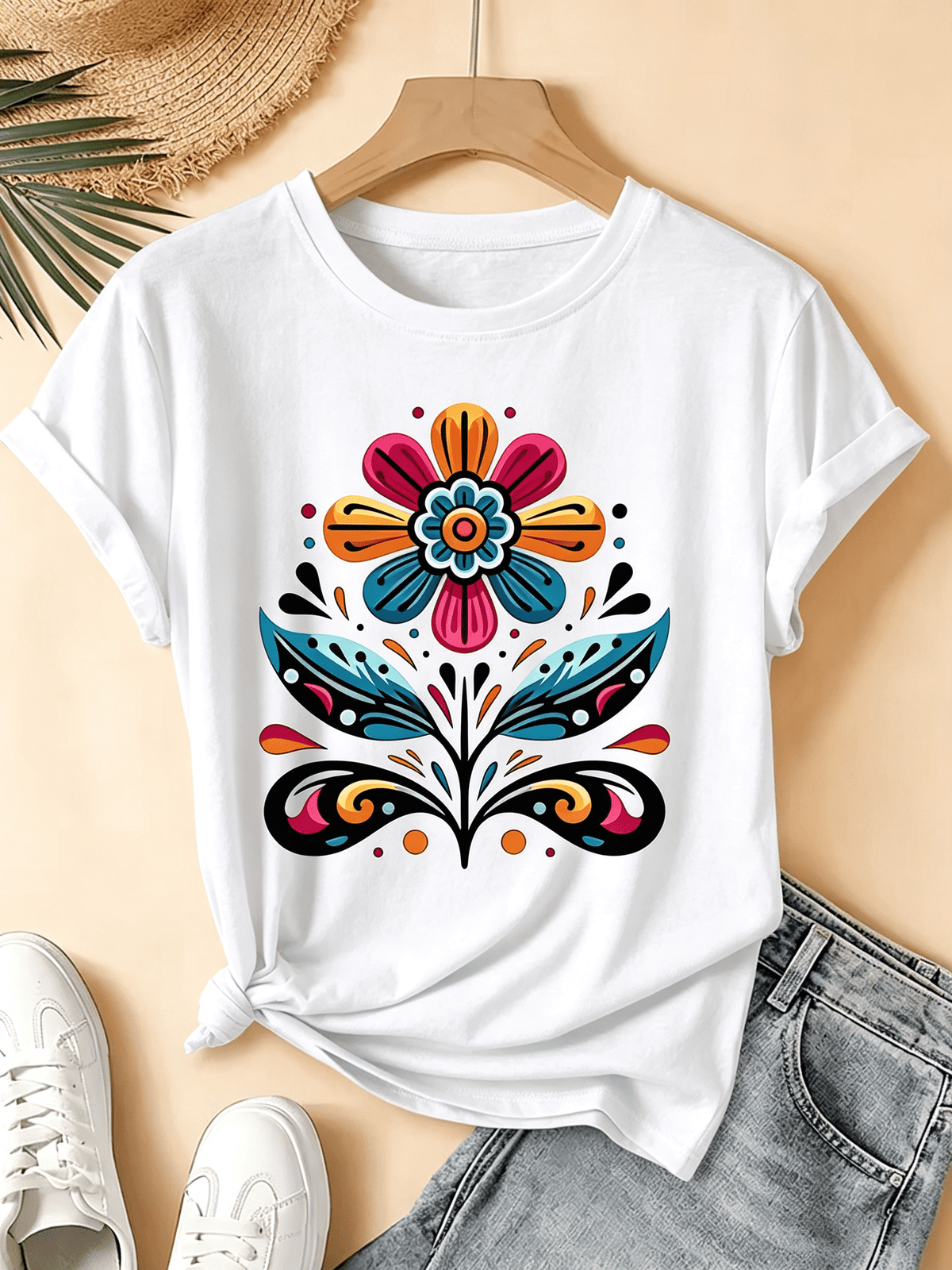 Colorful Abstract Flower Graphic Tee Women Spring Summer Vacation Top