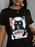 Cute Black Cat Eating Ramen Graphic T?Shirt, Japanese Retro Art Unisex Casual Short?Sleeve Tee For Cat & Noodle Lovers