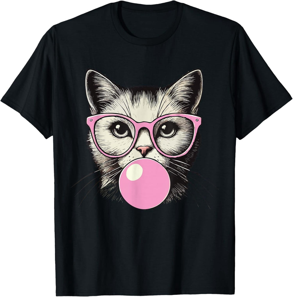 Cute Cat Blowing Bubble Gum T?Shirt, Men Funny Kitten With Pink Glasses Graphic Tee, Cat Lover Unisex Casual Short Sleeve T?shirt