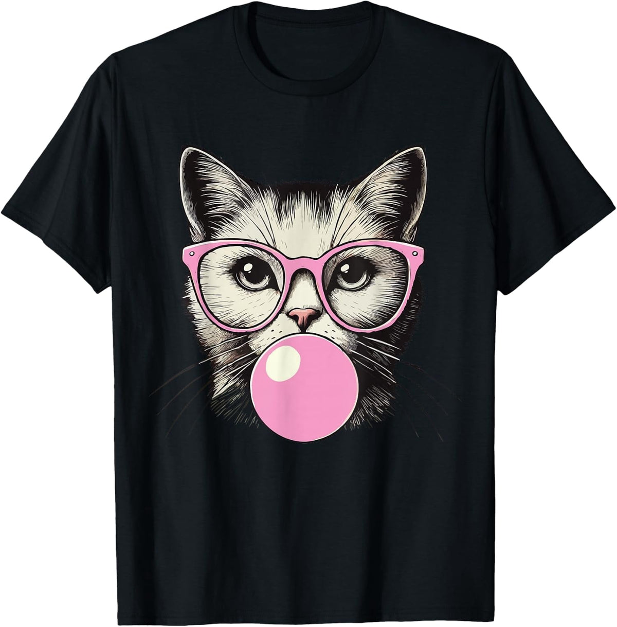 Cute Cat Blowing Bubble Gum T?Shirt, Men Funny Kitten With Pink Glasses Graphic Tee, Cat Lover Unisex Casual Short Sleeve T?shirt