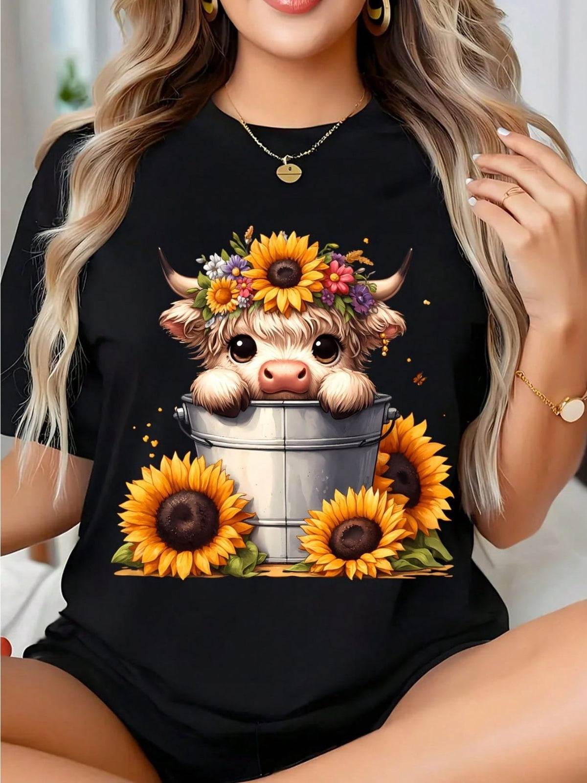 Cute Highland Cow In Bucket T-Shirt Sunflower Floral Crown Graphic Tee