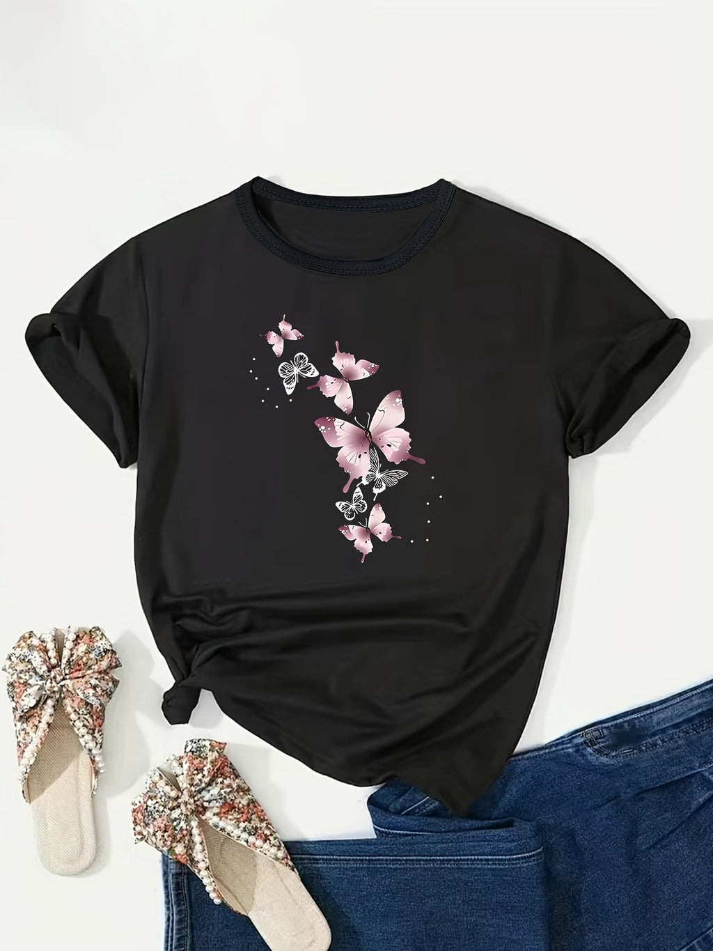Fashionable Pink Butterfly Print Plus Size Women's T-Shirt Casual Graphic T Shirt For Women Crew Neck