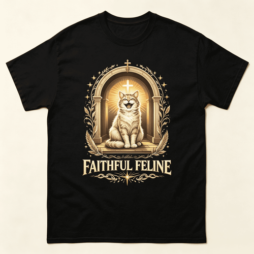 Funny Cat Shirt Faithful Feline Halo Cross Vintage Religious Art Top
