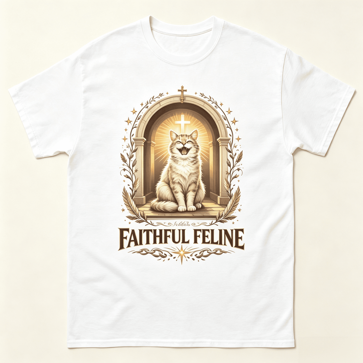 Funny Cat Shirt Faithful Feline Halo Cross Vintage Religious Art Top