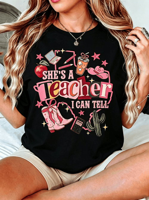 Funny She's A Teacher I Can Tell Letter Print Graphic T?Shirt, Women Crew Neck Short Sleeve Tee Casual Women Clothing