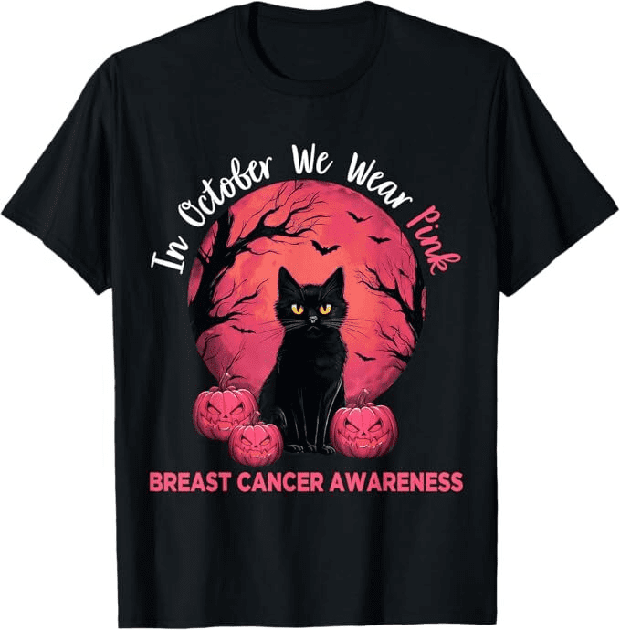 In October We Wear Letter print graphic T-shirt, anti breast cancer Halloween T-shirt for men and women