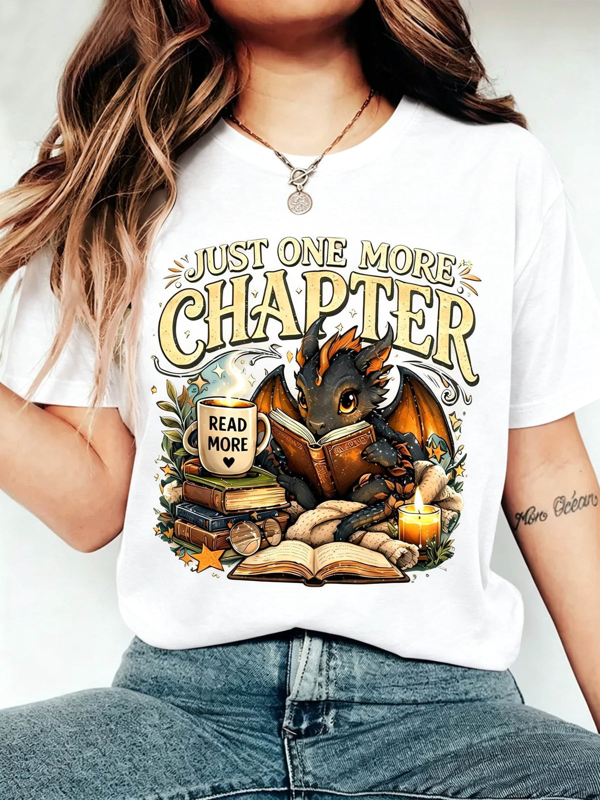 Just One More Chapter T-Shirt Dragon Book Lover Fantasy Reader Tee