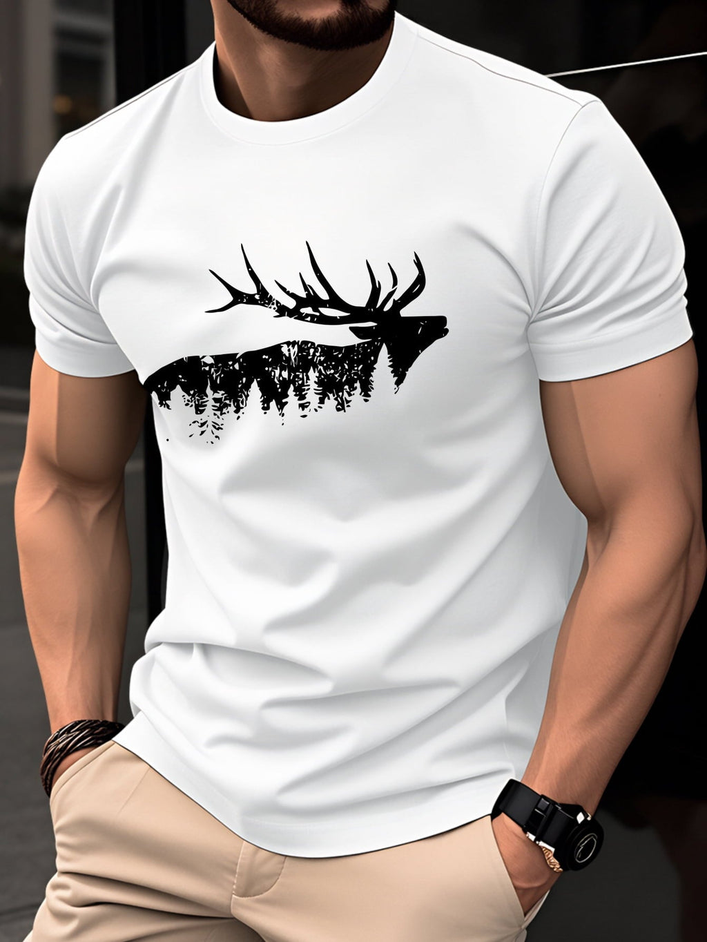 Men Elk Deer Forest Silhouette Graphic T?Shirt, 100% Cotton Crew Neck Short Sleeve, Nature Wildlife Outdoor Inspired Casual Summer Tee Top