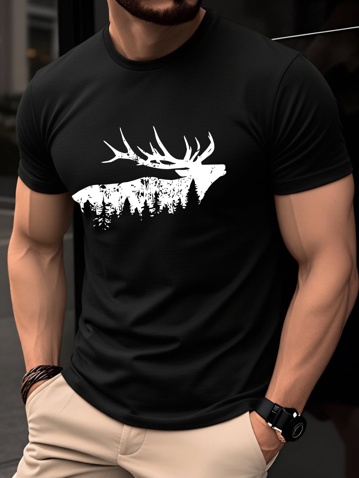 Men Elk Deer Forest Silhouette Graphic T?Shirt, 100% Cotton Crew Neck Short Sleeve, Nature Wildlife Outdoor Inspired Casual Summer Tee Top