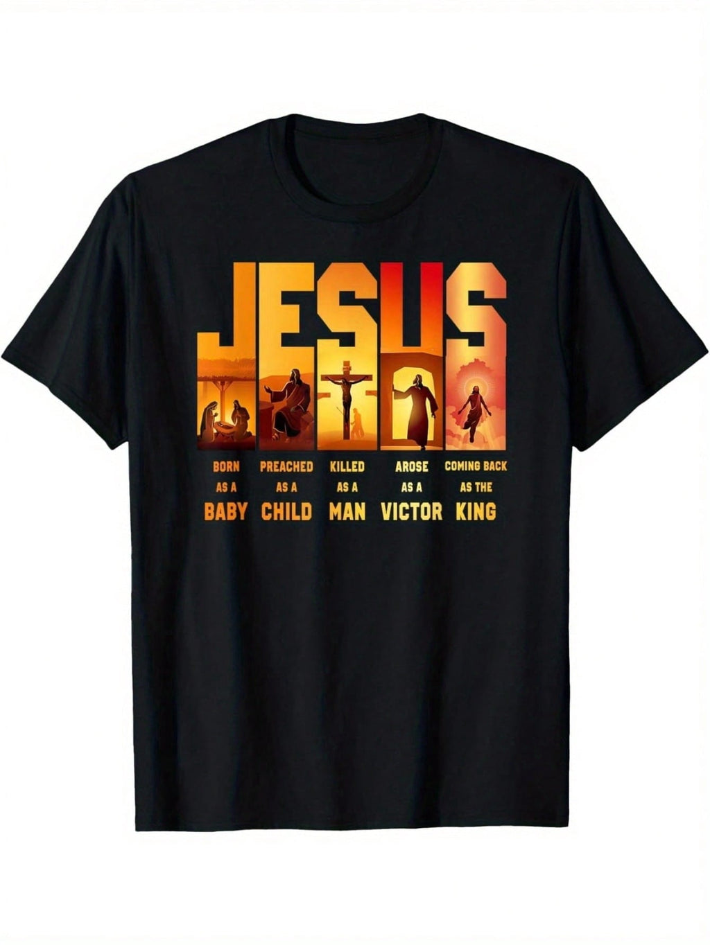 Men'S Graphic T-Shirt Featuring A Design Of, Highlighting His Birth, Teachings, And Triumph, In A Black Color With Striking Yellow And Orange Letterin