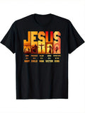 Men'S Graphic T-Shirt Featuring A Design Of, Highlighting His Birth, Teachings, And Triumph, In A Black Color With Striking Yellow And Orange Letterin