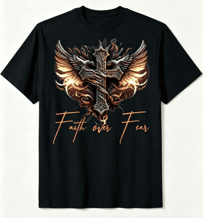 Men's Faith Over Fear T-shirt with angel wings and cross design，Crew Neck Short Sleeve Tops Tees Casual Men T shirts