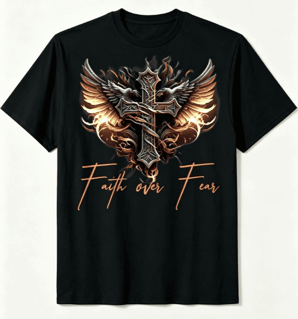 Men's Faith Over Fear T-shirt with angel wings and cross design，Crew Neck Short Sleeve Tops Tees Casual Men T shirts