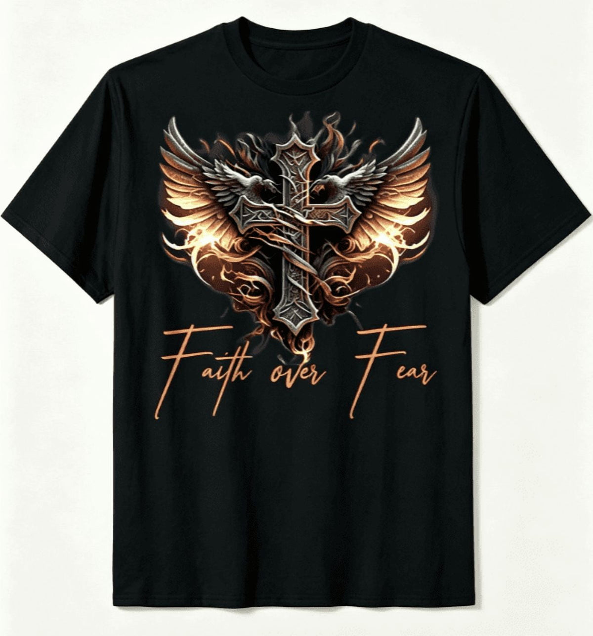 Men's Faith Over Fear T-shirt with angel wings and cross design，Crew Neck Short Sleeve Tops Tees Casual Men T shirts